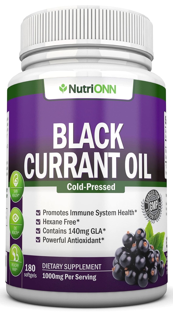 Olio di ribes nero - 1000 Mg - 180 Softgels - Olio di semi di ribes nero puro a freddo - Hexane Free - 140mg GLA Per Serving - Regola l'equilibrio ormonale - Grande per sistema immunitario, capelli e pelle