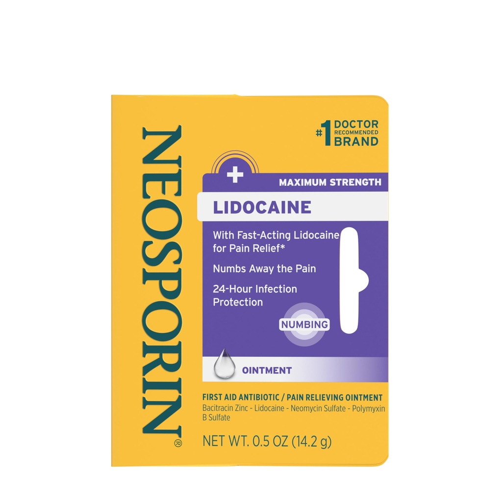 Neosporin + Lidocaine Erste Hilfe Antibiotische Salbe, Maximale Stärke & Fast-Acting-Thema Schmerz-Reliever, 24-Stunden-Infektionsschutz, dass Numbs Away The Pain, Bacitracin Zinc, 0.5 oz