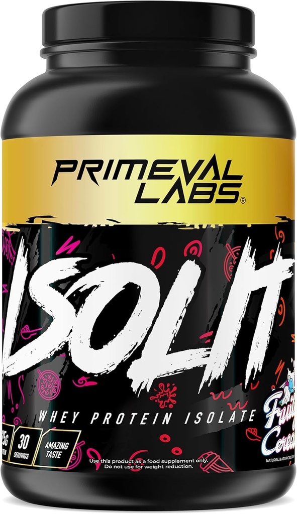 Primeval Labs ISOLIT - Whey Protein Powder, 100% Whey Isolate, 25g Protein, BCAAs, Fast Absorbing, Easy Digesting (Fruity Cereal, 2lb)