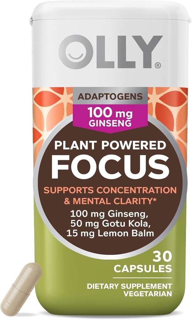OLLY Focus Adaptogen, Ginseng, Gotu Kola, Mood Support Supplement, Vegetarian Capsules - 30ct