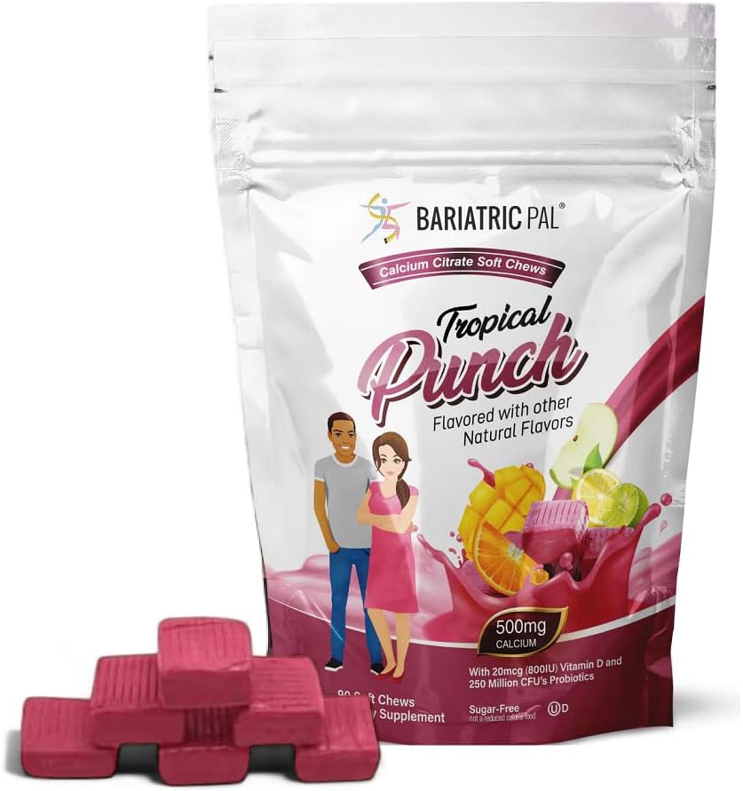 BariatricPal Calcium Citrate sans sucre doux Chews , 500mg avec vitamine D et probiotiques , Punch tropical , 90 Compte (1 mois d'approvisionnement)