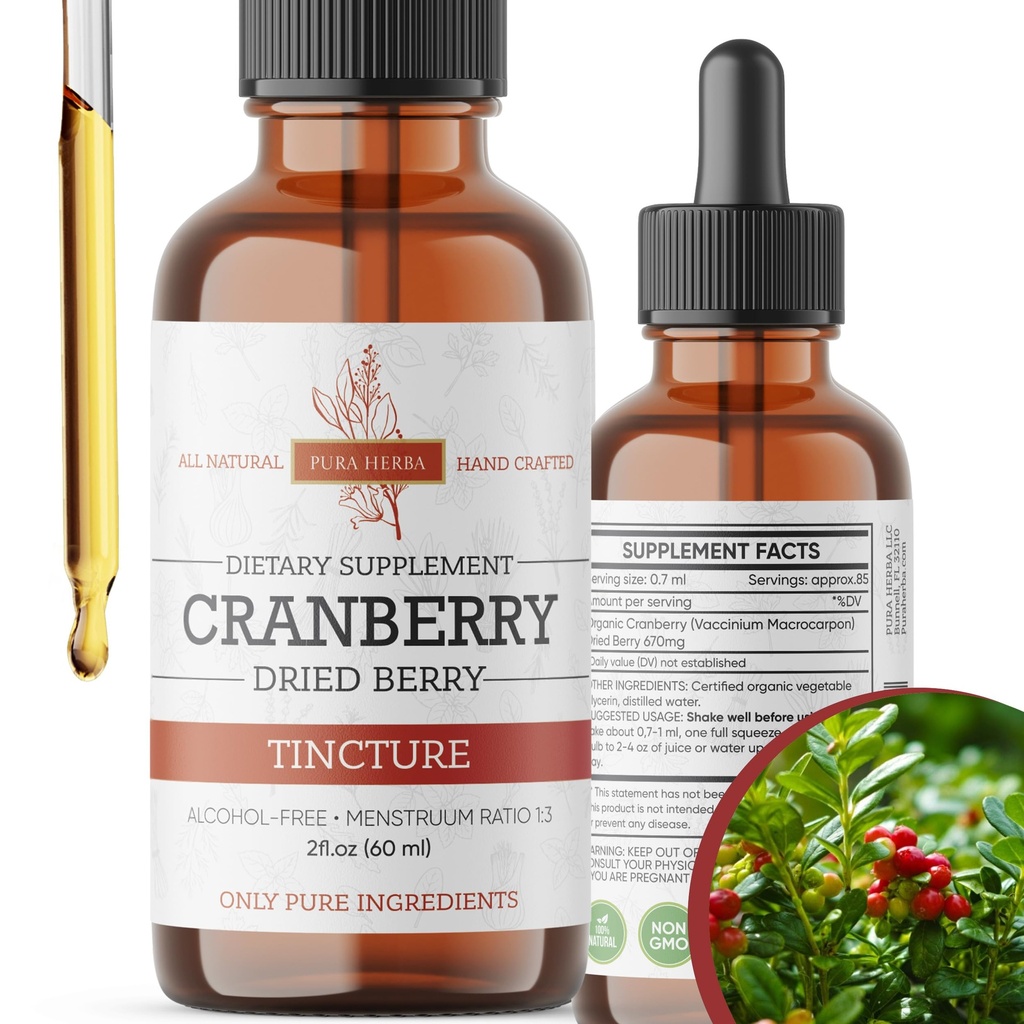 Teinture de canneberge - Extrait de canneberge biologique liquide, alcool - Supplément à base de plantes - Fabriqué aux États-Unis