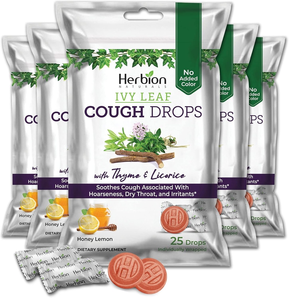 HERBION Naturals Ivy Leaf Cough Gocce con timo e liquirizia, miele limone aroma, soothes tosse, per adulti e bambini oltre 6 anni, 125 Conte, Confezione da 5