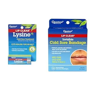 Quantum Health Lip Clear Lysine+ Cold Sore Ointment, Trasparente, 0.25 once, Lip Clear Invisible Cold Sore Bandage |Non-Medicated|12 Count