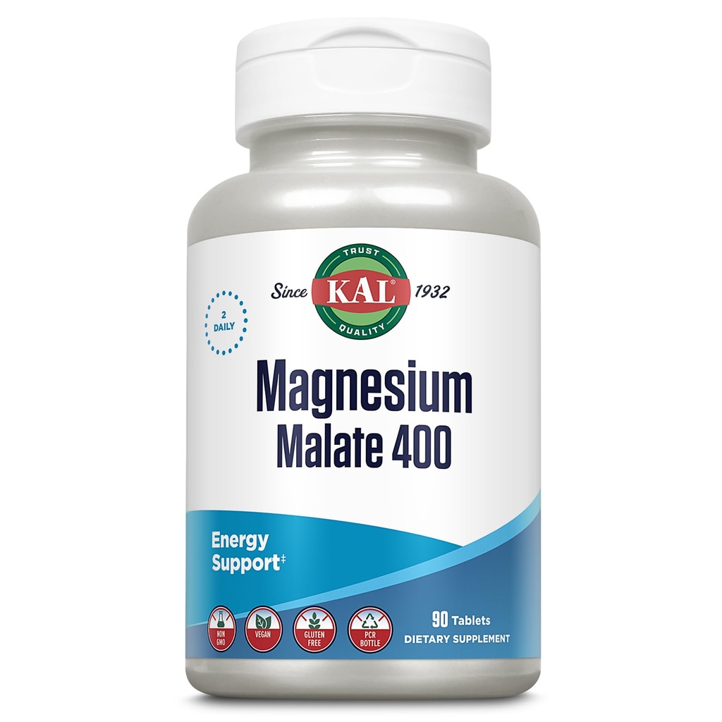 KAL Magnesio Malato 400mg, Integratore di Magnesio Chelato con Acido Malico, Supporto per funzione di energia sana e muscolare, Assorbimento potenziato, Vegan, Non OGM, 45 Serve, 90 Tab di Veg