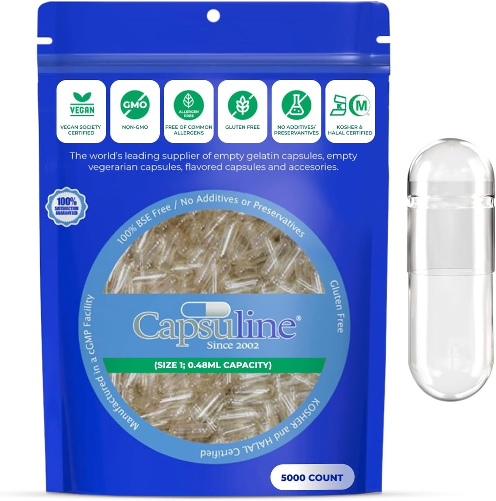 Capsuline Größe 1 - Klare leere vegane Kapseln - 5000 Zähler - Leere Veggie Pillen Kapseln - DIY Gemüse Kapsel Füllung - Leere Kappen - Kosher und Halal Zertifiziert - Nicht-GMO Zertifiziert