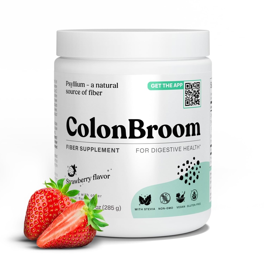 ColonBroom Psyllium Husk Powder (Strawberry) - Colon Cleanse for Bloating Relief & Gut Health - Colon Broom Fiber Powder Drink - Vegan, sans gluten, Supplément en poudre de fibre non OGM, 50 portions
