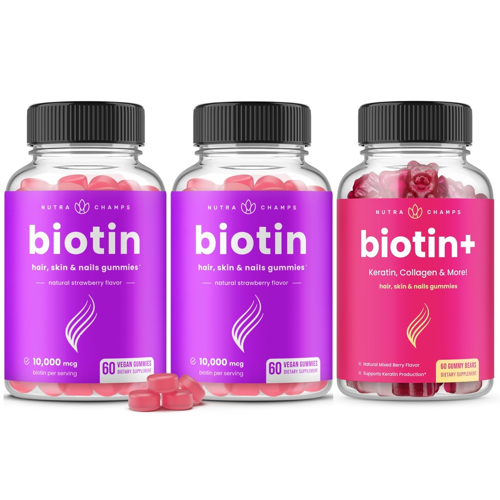 NutraChamps Ensemble complet de biotine pour cheveux, peau et ongles. 2 Pack Biotin & Biotin+