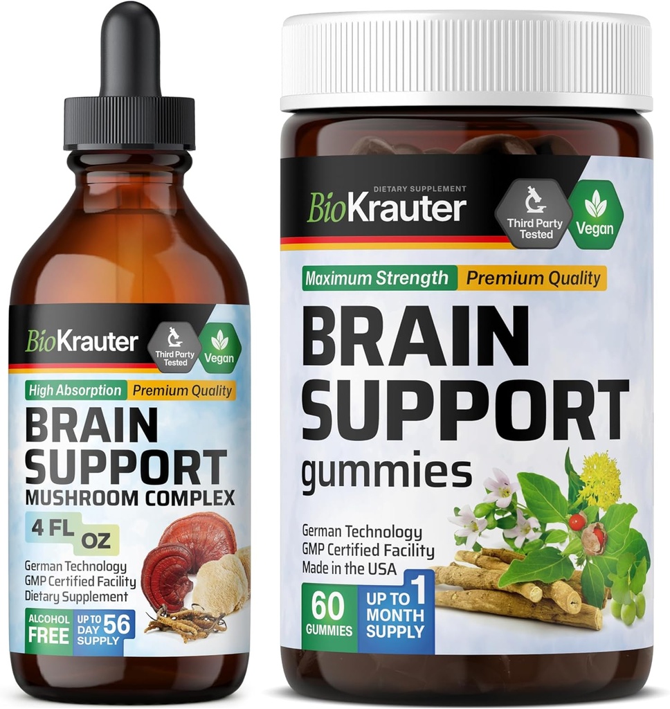 BIO KRAUTER Brain Support 60 Gummies & Brain Support Mushroom Tincture 4 Fl. Oz.