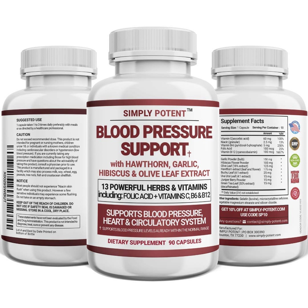 Integratori di supporto per la pressione sanguigna - Cuore sano, Colesterolo, Cardio, Ipertensione, Alta BP - 13 Vitamine & Erbe - Acido Folico, Vitamine C B6 & B12, Hibiscus aglio di foglie di oliva di biancospino, 90 Capsule