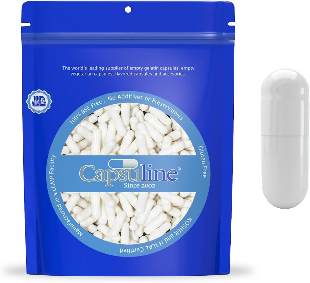 Capsuline Size 000 - Capsule bianche vuote bianche colorate Gelatin - 10000 Count - Capsule Pillole Gel Vuoti - Riempimento Pillola Bovina Pura fai da te - Cappotti vuoti - Certificato Kosher e Halal - Certificato non OGM