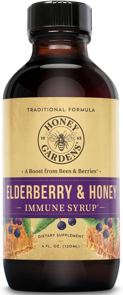 Honey Gardens Apiaries Elderberry Syrup - Apitherapy Raw Honey - Propolis and Elderberries - Cough - 4 oz