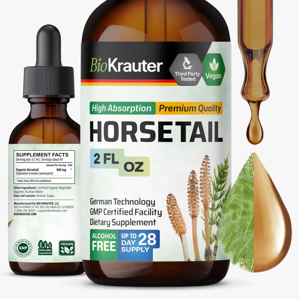 BIO KRAUTER Tintura di coda di cavallo - Erba di coda di cavallo per il supporto dei capelli - ingredienti puri - Alcol e Zucchero Gratuito Vegan Gocce 2 Fl.Oz.