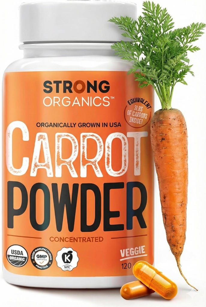 USDA Organic Carrot Powder Capsules (120), Grown in USA, Eye Support, Beta Carotene, Vitamin A, Carotinoide, Antioxidantien,106°F Max, Vegan, Kosher-2 Monate Versorgung