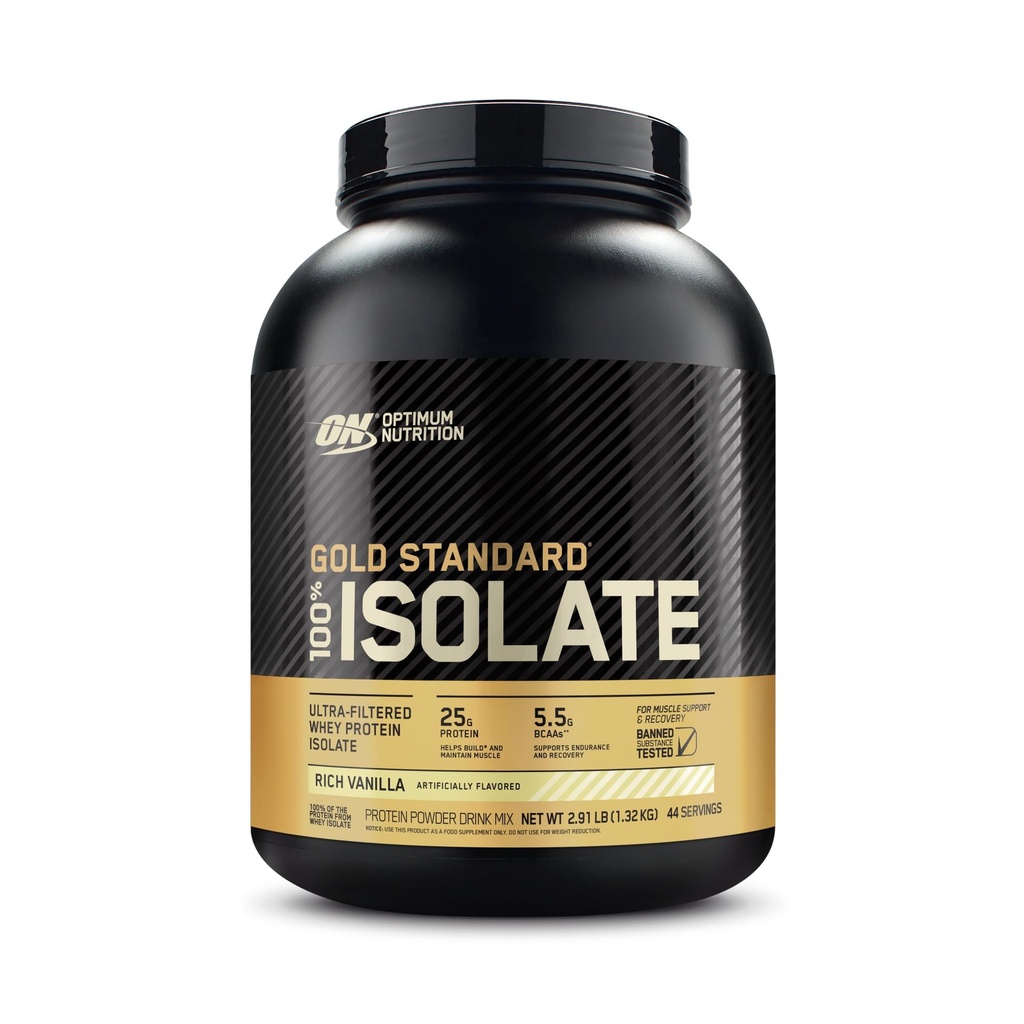 Optimum Nutrition Gold Standard 100% Isolate, Protein Powder, Rich Vanilla, 2.91 Pounds, 44 Servings. Whey Protein Isolate (Packaging May Vary)