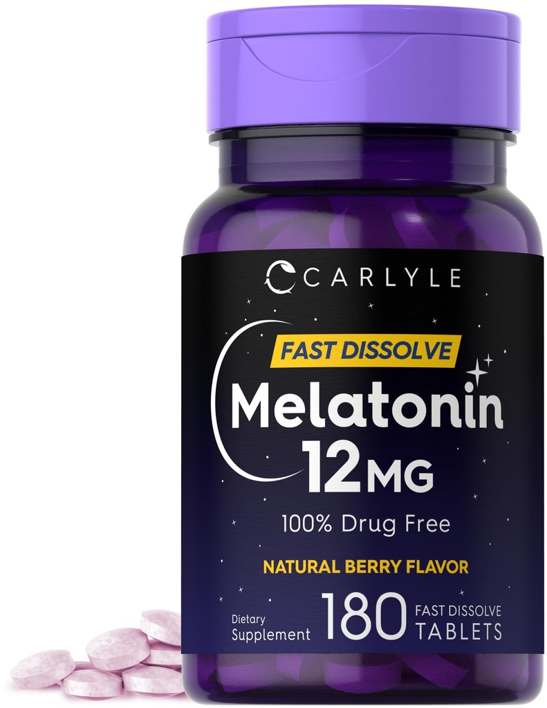 Carlyle Melatonin 12 mg Dissoudre rapidement 180 comprimés Sans médicament Sans saveur naturelle de baies