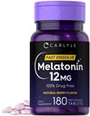 Carlyle Melatonin 12 mg Dissoudre rapidement 180 comprimés Sans médicament Sans saveur naturelle de baies