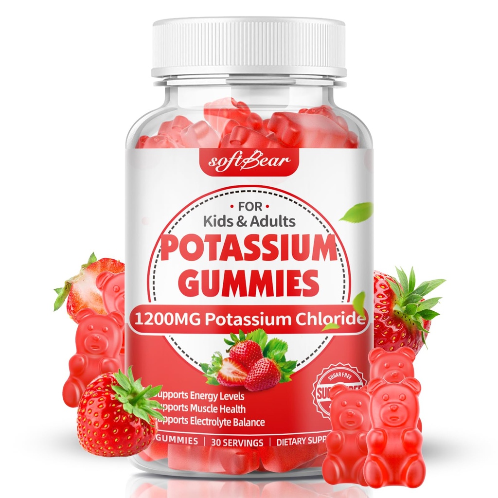 Softbear Potassium Gummies per adulti, Zucchero Free Potassium Chloride Gummies 1200mg Supporto Gambe & Electrolyte Balance High Potency Potassium Supplement, Strawberry Flavor 60 Count