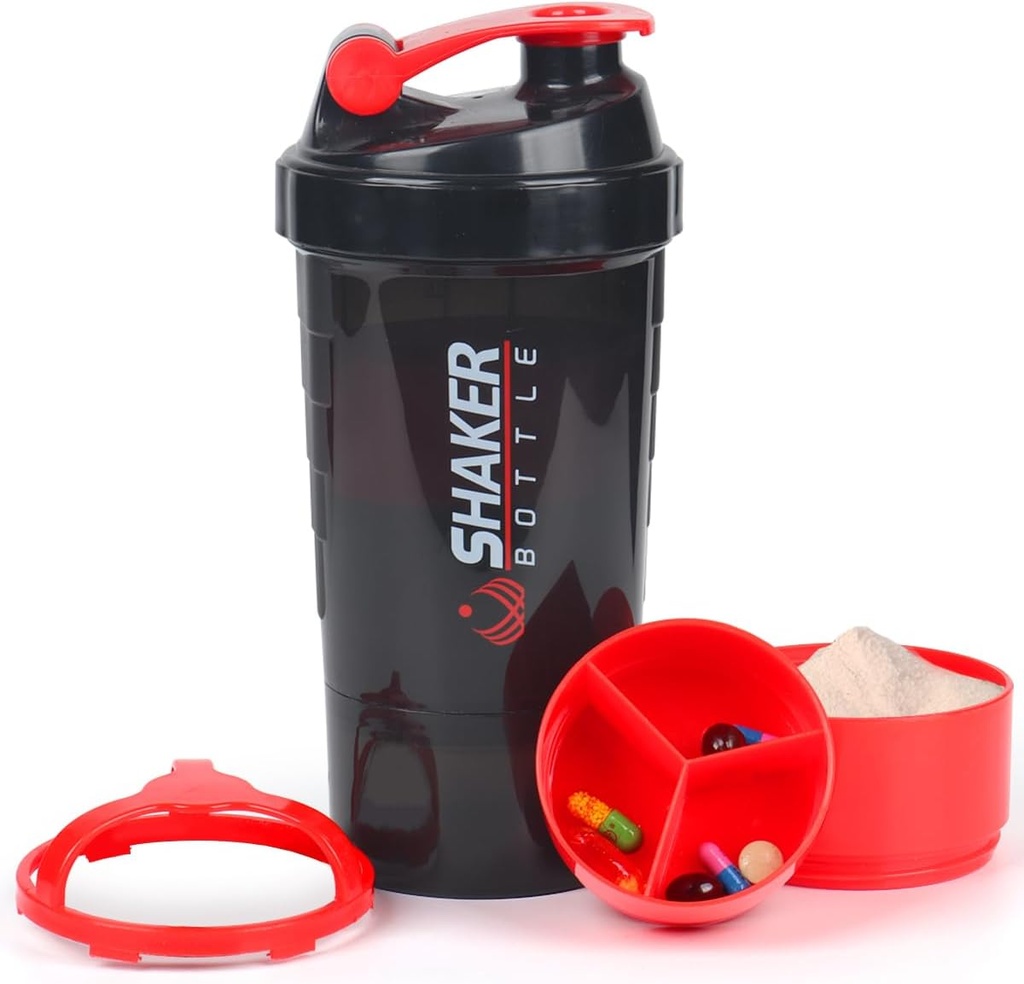 Protein Shaker Bottle,16 oz Shake Cup für Proteinpulver mit Storage,Sports Wasserflasche, Non Slip 3 Layer Twist Off 3oz Cups mit Pill Tray Leak Proof Shake Flaschen für Proteinmischungen