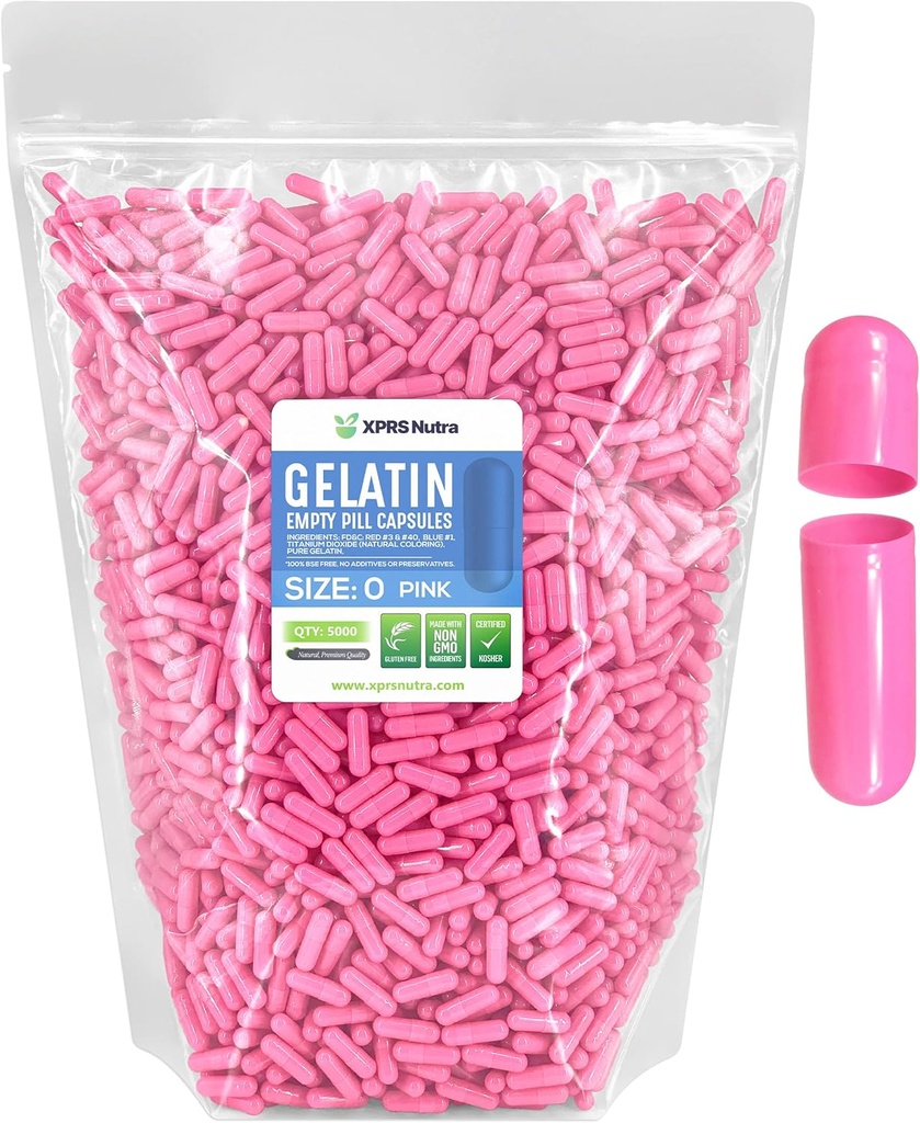 XPRS Nutra Größe 0 Leere Kapseln - 5000 Graf Leere Gelatine Kapseln - Pillen DIY Kapsel Füllung - Pure Bovine Pill Gel Kapseln für Do-It-Yourself Ergänzungen (Pink)