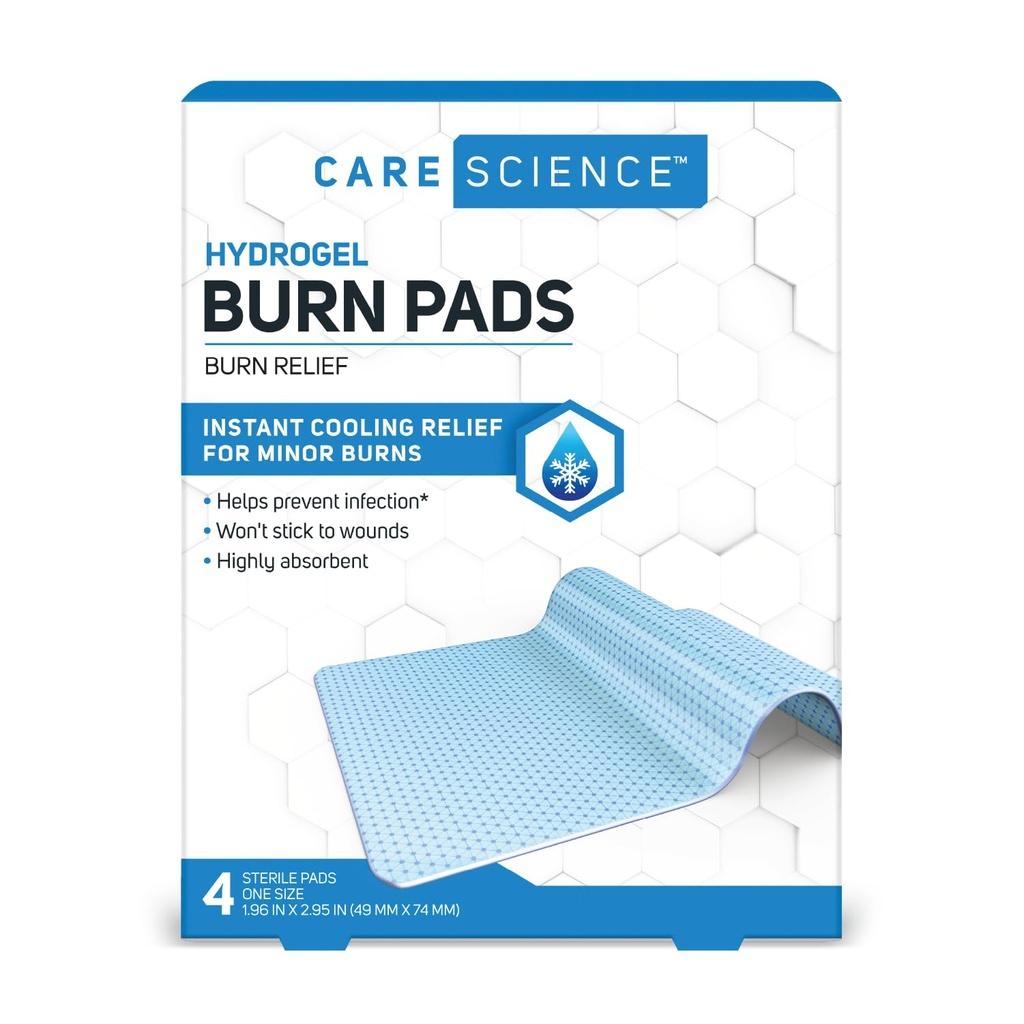 Care Science Hydrogel Sterile Burn Dressing Bandage Pads for Burn Relief, 4 ct | Instant Cooling Relief for Minor Burns & Wounds