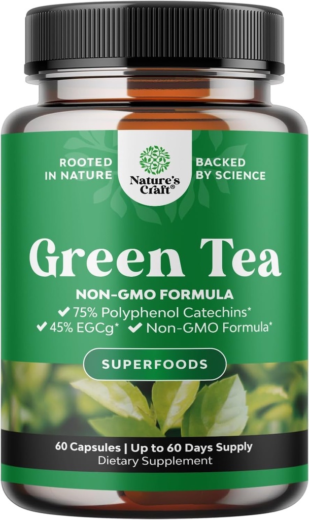Grüner Tee Extrakt Kapseln - 500mg Pure Leaf Grüner Tee Koffein-Ergänzung - EGCG, Koffein-Extrakt & Polyphenole-Ergänzung für gesunde Stoffwechselunterstützung für Frauen und Männer - Natürliche Detox - 60 Count