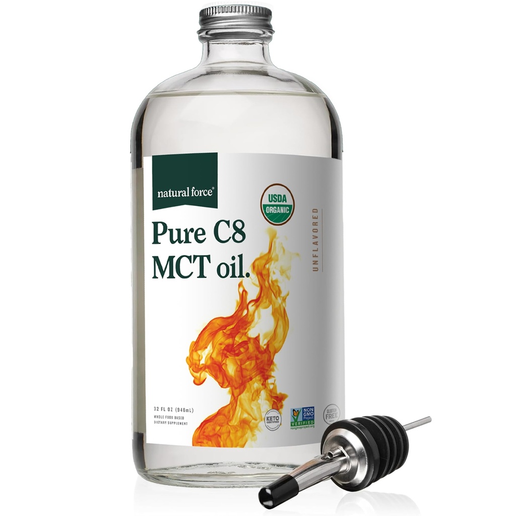 Natural Force Organic Pure C8 MCT Oil – Liquid MCT Oil in Glass Bottle Container – Concentrated Caprylic Acid – Keto, Paleo, Kosher, Vegan & Non-GMO – Lab Tested for Quality and Purity, 32 Ounce