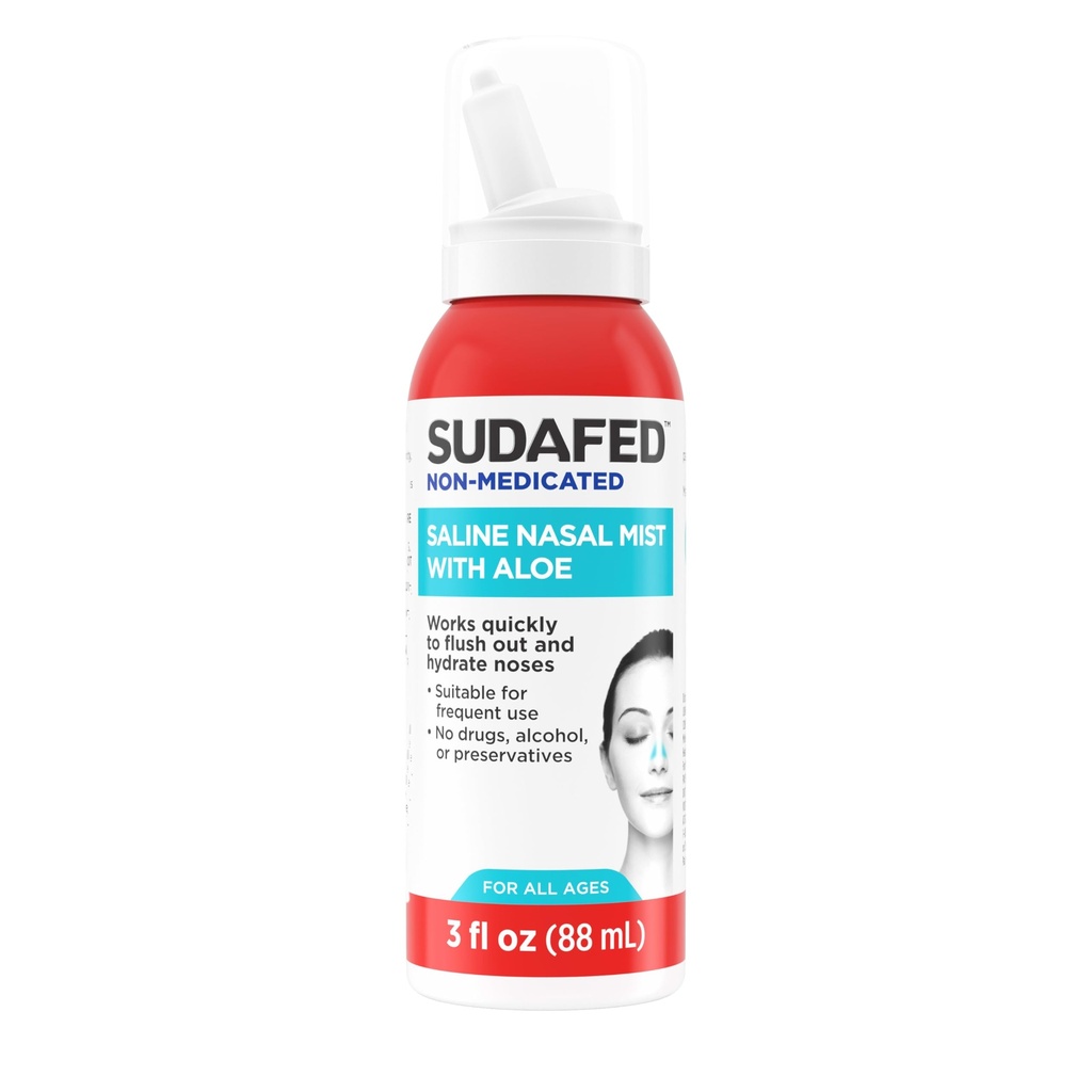 Sudafed Non-Medicated Saline Nasal Mist mit Aloe, Sinus Saline Nasenspray für alle Altersgruppen Schnell Flushes & Moisturizes Nasal Passages, Verwenden Sie Nasal Mist so oft wie erforderlich, Drug-Free, 3 fl. oz