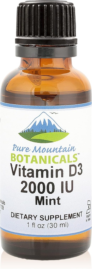Pure Mountain Botanicals Aroma Vitamin D Tropfen – Mint Flavored Liquid Vitamin D3-2000iu per Servieren - 1oz Flasche