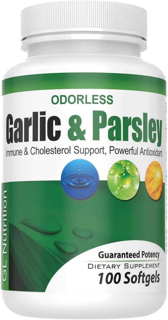Odorless Knoblauch und Petersilie Softgels von GL Nutrition | All-Natural Detox, die Immunität und Stoffwechsel, unterstützt Herzgesundheit & Cholesterol Levels 100:1 Extrakt | 100 Count