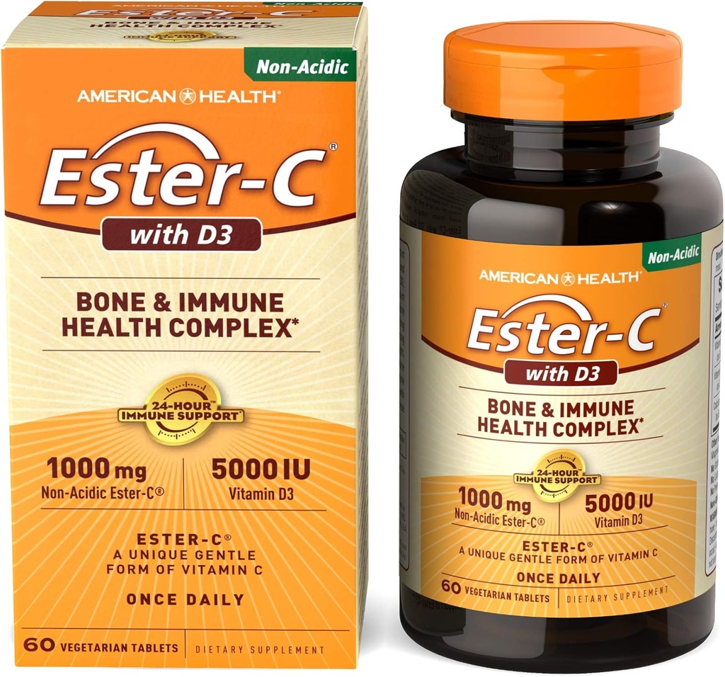 American Health EsterC avec Comprimés Végétariens complexes D3 Bone Immune 24Hours Soutien immunitaire 1000 mg EsterC 5000 UI Vitamine D3 Vitamine C non acide, 60 Nombre