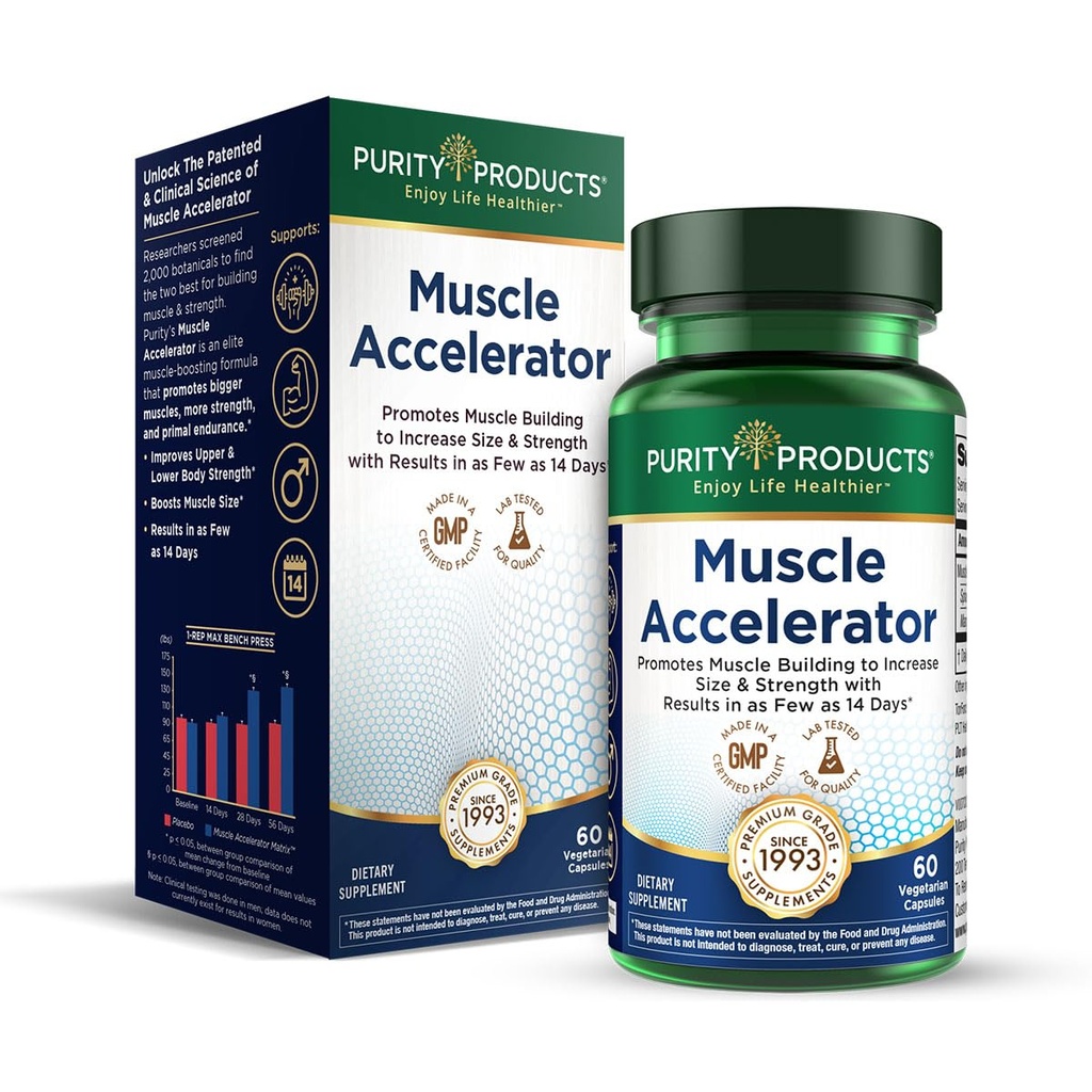 Produits de pureté Accélérateur musculaire 650 mg Mélange d'accélérateur musculaire breveté et testé cliniquement d'extraits d'herbes ayurvédiques favorise la force, l'endurance et la croissance musculaire - 60 capsules veg