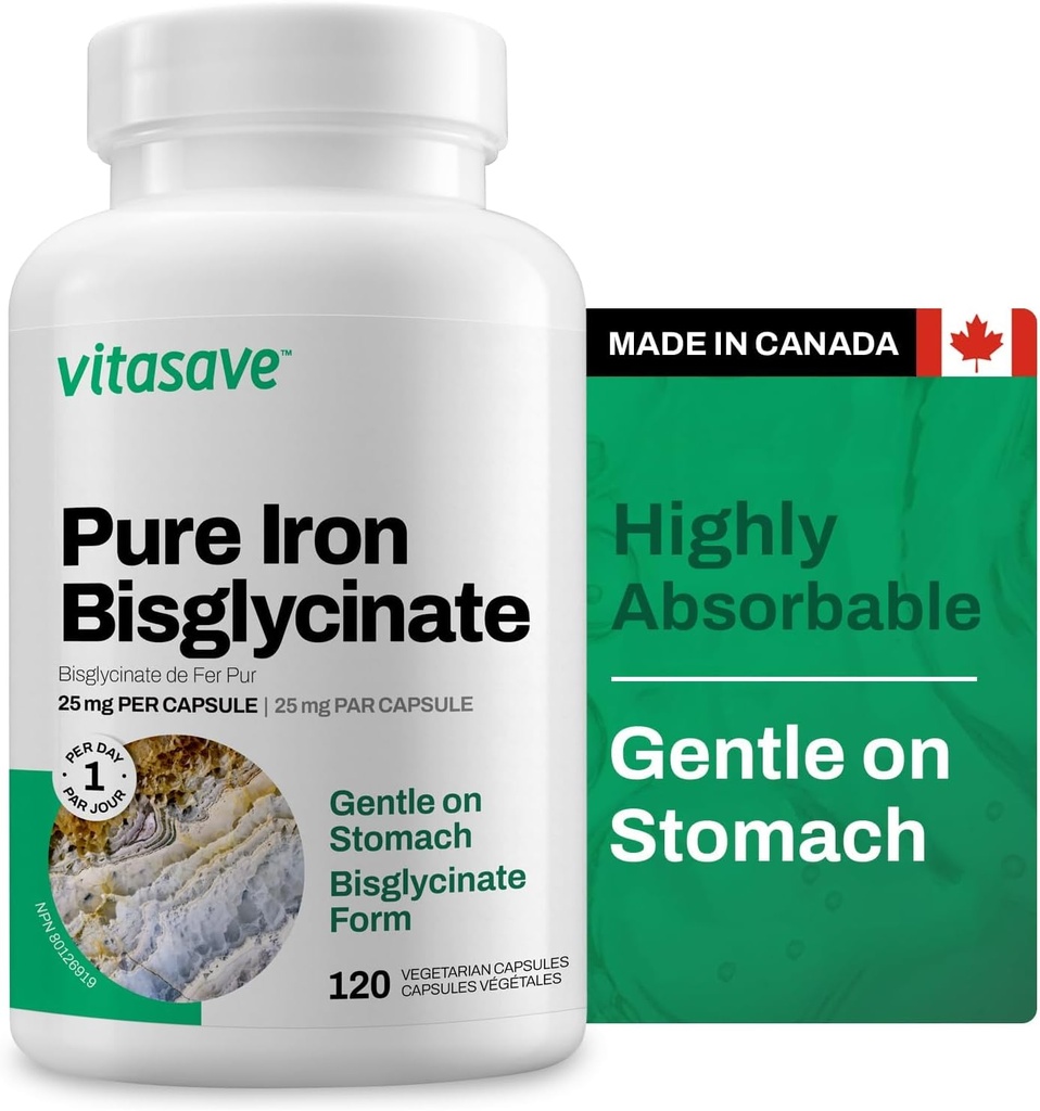 Vitasave Iron Bisglycinat – High Absorption Iron Supplement for Energy, Anemia & Immun Support – Gentle on Stomach – Vegan, Non-GMO, Gluten-Free – 120 Kapseln (Made in Canada)