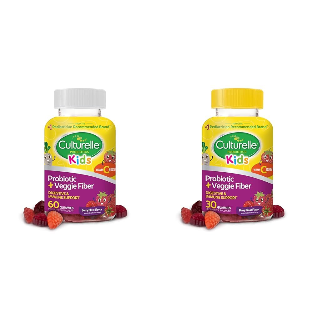 Culturelle Kids Daily Probiotic + Veggie Fiber Gummies (60 & 30 Count) - Berry Flavor, Digestive & Immun Health Support