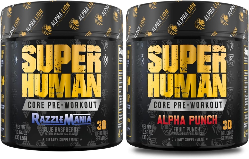 ALPHA LION Noyau pré-entraînement en poudre pour pompe et caféine tri-source pour l'énergie soutenue, punch de fruits et parfum de framboise bleue (30 portions chacune)