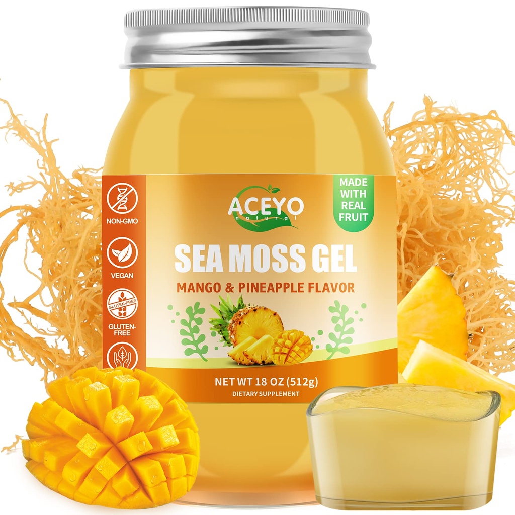 ACEYO (18 OZ) Irish Sea Moss Gel Raw Vegan Mango Ananas Flavor 102 Vitamins and Minerals Wild Harvested Non-GMO
