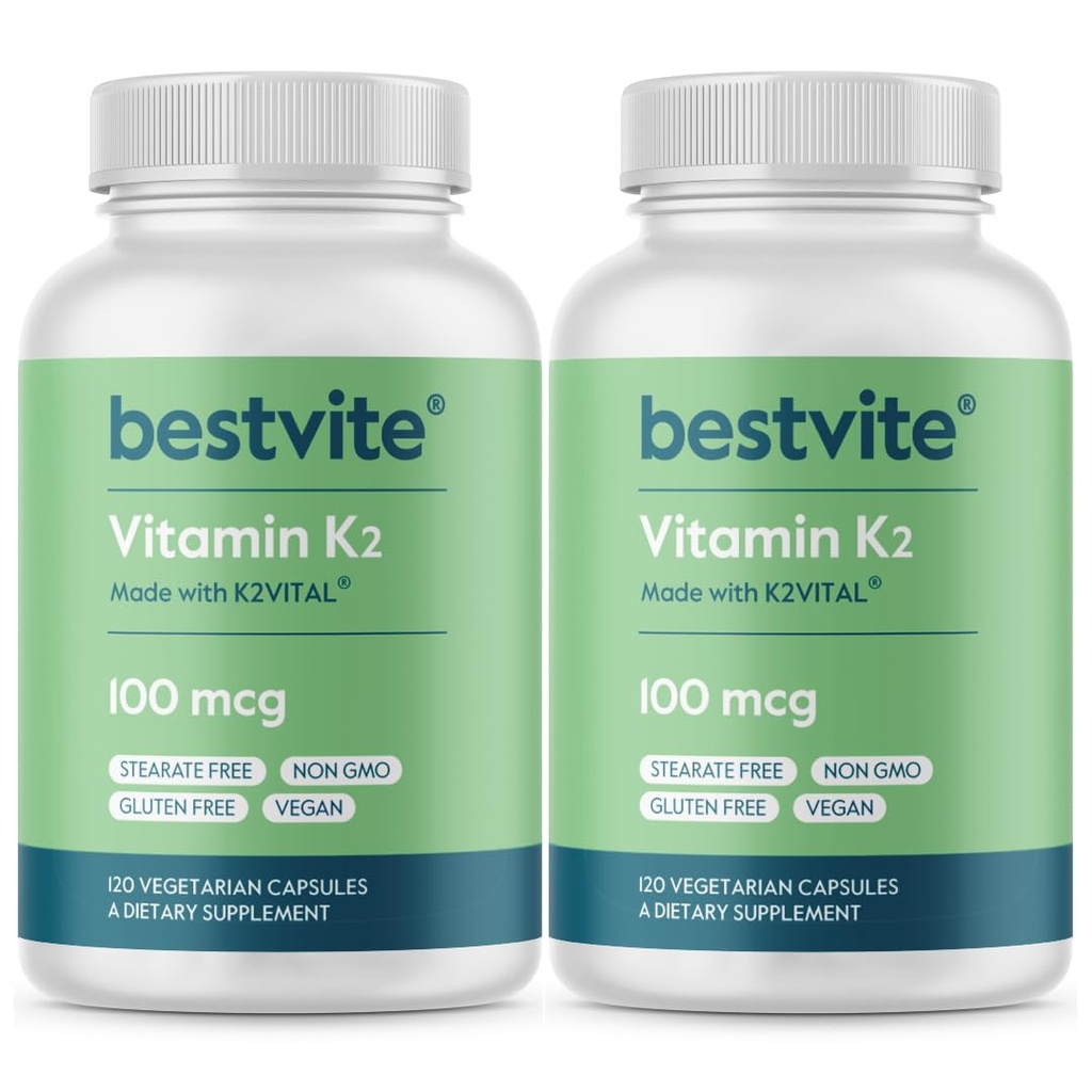BESTVITE Vitamine K2 100 mcg sous forme de MK-7 (240 capsules végétariennes)(120x2) - Pas de stéarates - Vegan - Non OGM - Sans gluten