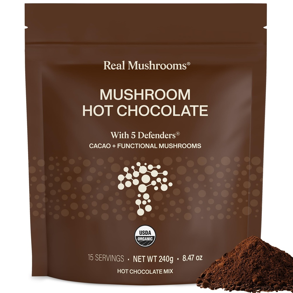 Véritables champignons Mélange de chocolat chaud biologique avec Reishi, Turquie Tail, Chaga, Shiitake, Maitake – Cacao Poudre de champignons organiques– 5 Defenders Champignon Cacao Poudre, Vegan, Sans gluten, 15 portions