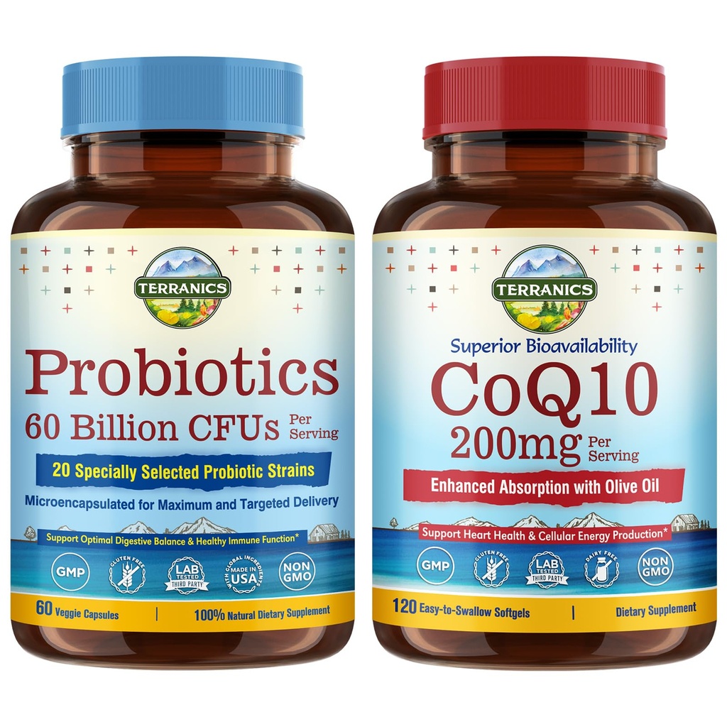 Terranics Probiotics & CoQ10 Bundle, Heart & Digestion Health, 60 Billion Probiotics, Bioactive Coenzym Q10 200mg, Extra Virgin Olive Oil, Bundle & Save