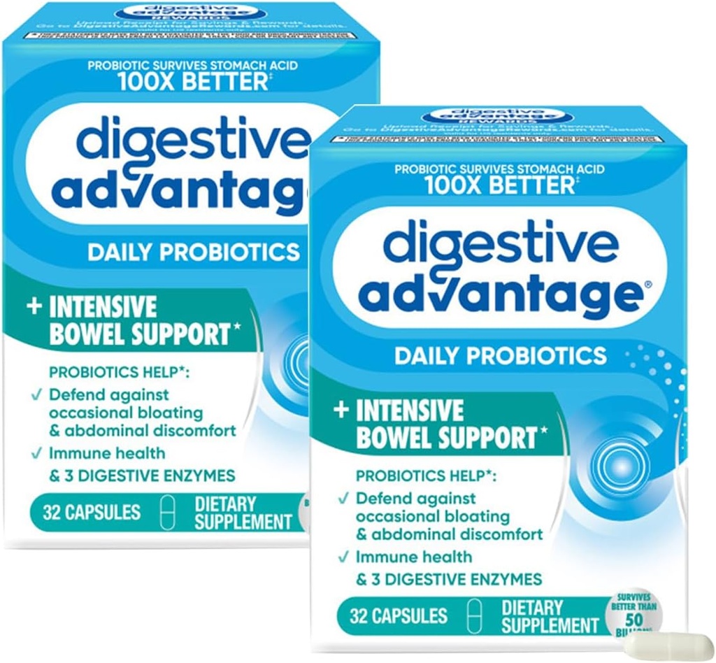 Verdauungs-Vorteil Intensive Bowel-Unterstützung Probiotic Defends Against Gas & Bloating, 32 Count Capsules (2 Pack)