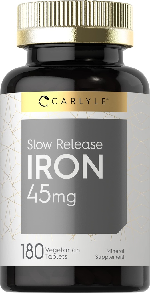 Carlyle Slow Release Eisen 45 mg | 180 Tabletten | Eisensulfat Mineralische Ergänzung | für Männer & Frauen | Vegetarisch, Non-GMO und Glutenfreie Formel
