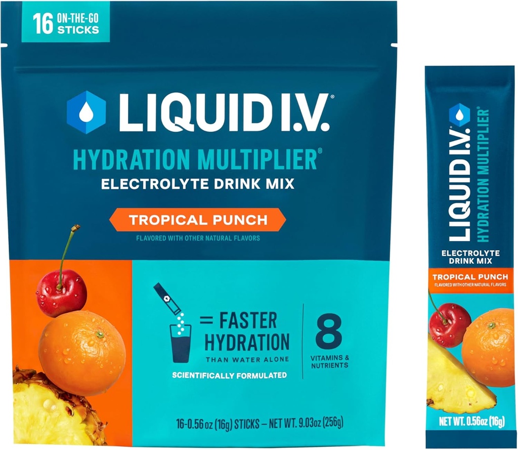 Liquido I.V.® Hydration Multiplier® - Punch tropicale - Imballaggio della polvere di idratazione | Miscelatore della bevanda della polvere dell'elettrolita | Bastoncini mono-serpenti Comodi | Non OGM | 16 Serve (Pacchetto di 12)