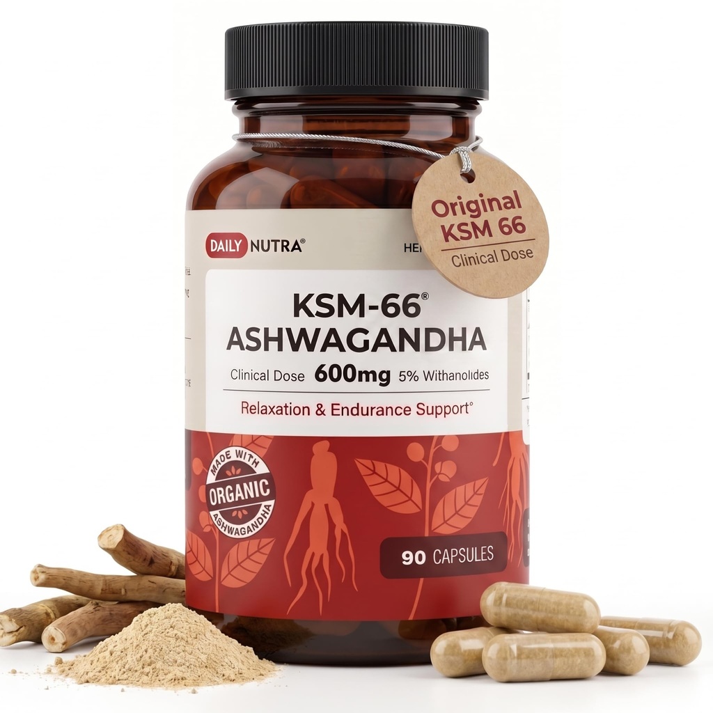 QuotidianoNutra KSM-66 Ashwagandha 600mg Estratto di radice organica - Supplemento ad alta potenza con 5% Withanolides | Allevia la stanchezza, supporta il rilassamento, la messa a fuoco, l'energia e la crescita muscolare (90 capsule)
