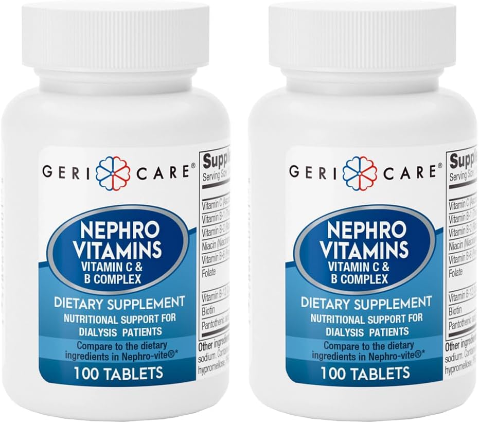 Comprimés complexes de vitamine C et B GeriCare Nephro, 100 comtes – Soutien quotidien de la santé rénale et de l'énergie, système immunitaire, protection antioxydante et soutien au métabolisme (paquet de 2)