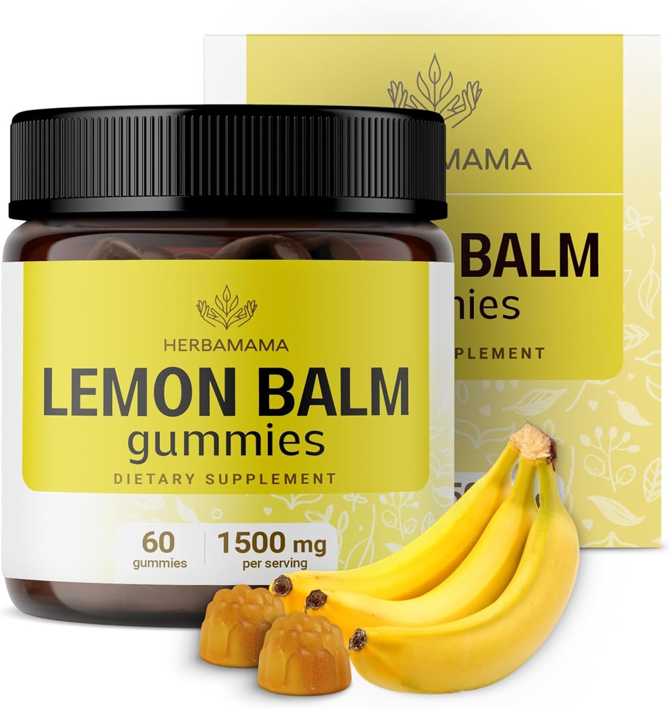 HERBAMAMA Lemon Balm Calming Gummies - 1500mg Lemon Balm Leaf per il relax - Vegan Non OGM Melissa Officinalis Supplement - 60 Pectin-Based Banana-Flavored Chews
