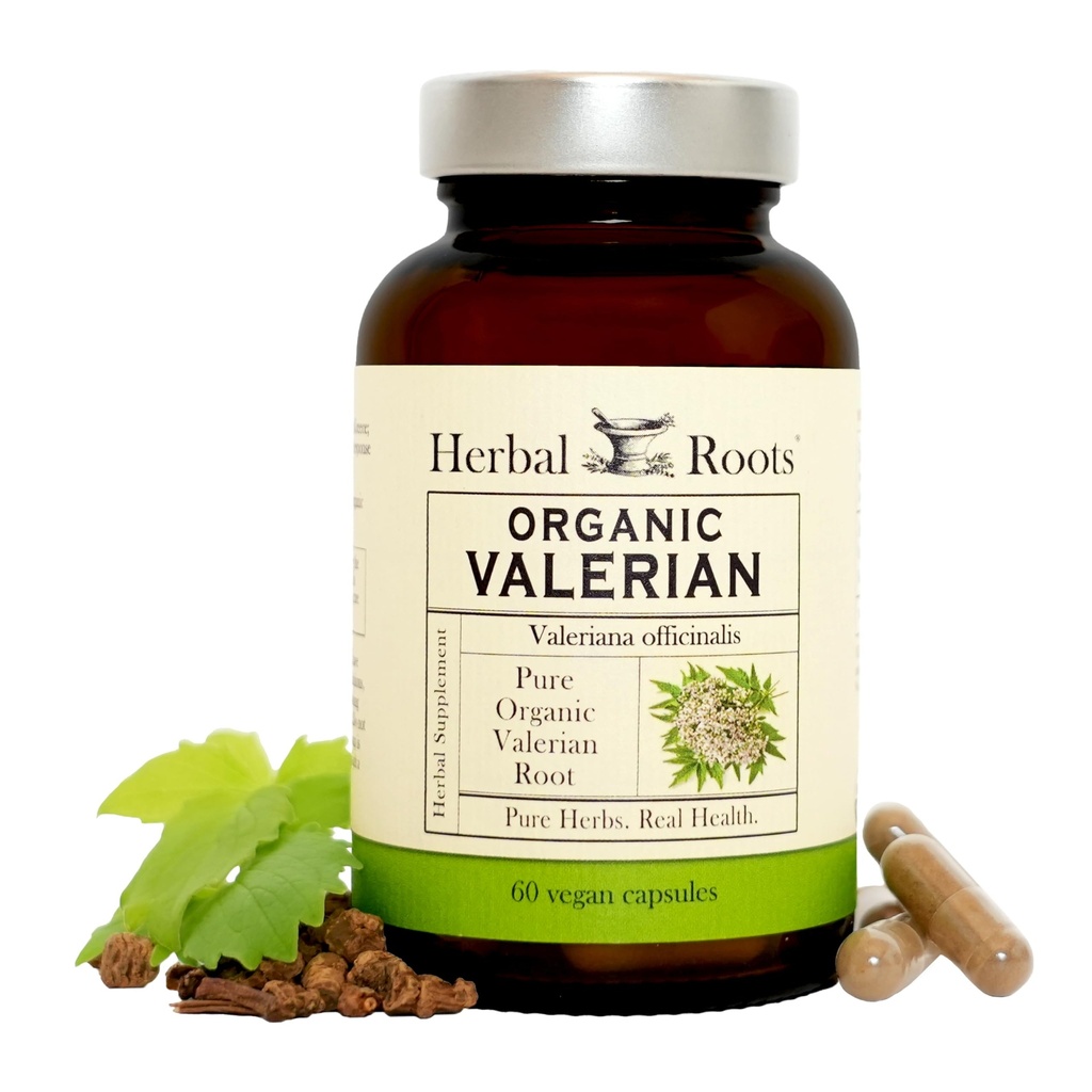 Herbal Roots Pure Organic Valerian Root Capsules - 900 mg - Non-Habit Forming ohne Melatonin, Non-GMO - 60 Count Vegan Capsules, Kräuterergänzung