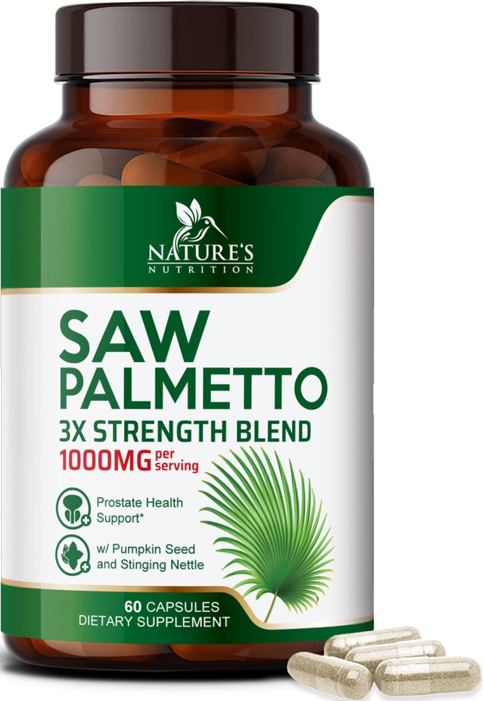 Saw Palmetto für Männer 1000MG - 3X Strength Prostate Health Supplement - Kräuterextrakt Ergänzung - Prostata Ergänzungen für Männer Gesundheit Unterstützung, Prostata Urinary & Hair Health Support - 60 Kapseln