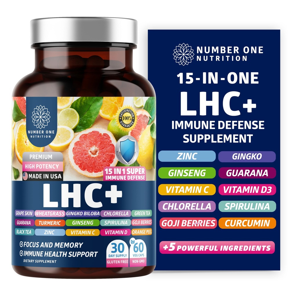 N1N LHC+ 15-in-1 Immununterstützungsergänzung mit Spirulina, Turmeric, Ginseng, Guarana, Vitamin D und Vitamin C für Immunität, Energie und Langstrecken-Relief, 60 Veg Caps, Flaschenfarbe Mai Vary