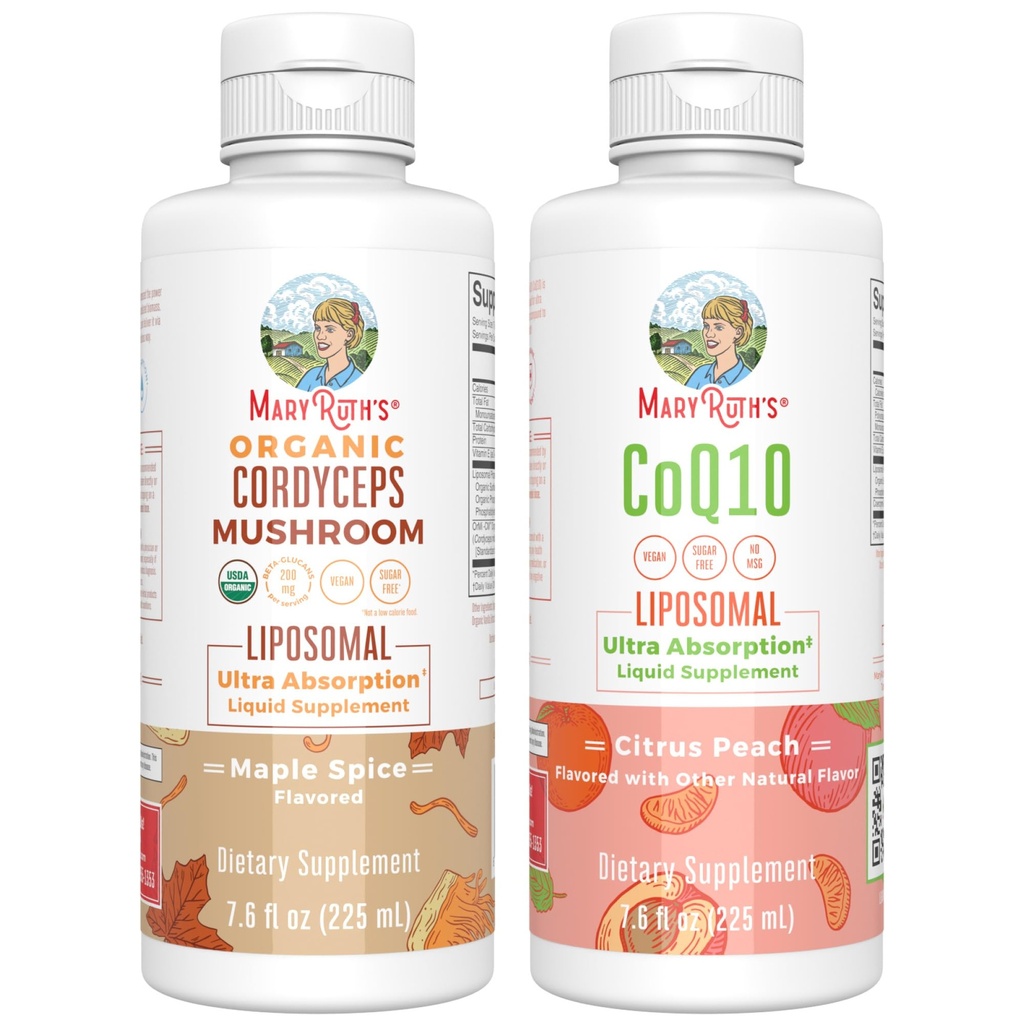 MaryRuth Organics Cordyceps Liposomal (Maple Spice) & CoQ10 (Citrus Peach) | Clean Label Project Verified® | Vitamine per Immunity, Heart Health, &amp; Total Wellness | Vegan, Non-GMO, Gluten-Free