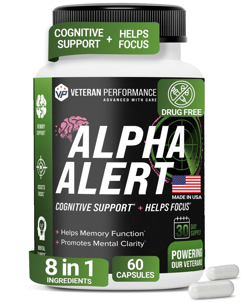 Alpha Alert – Veteran besitzt Gehirn-Ergänzungen für Gedächtnis und Fokus – Third-Party getestet, Dairy & Gluten-Free Nootropic Memory Supplements - 60 Veggie Kapseln